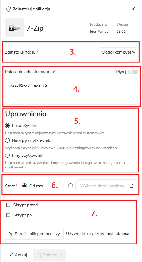 Wybór komputerów, uprawnień, terminu oraz dodatkowych skryptów dla zadania instalacji.